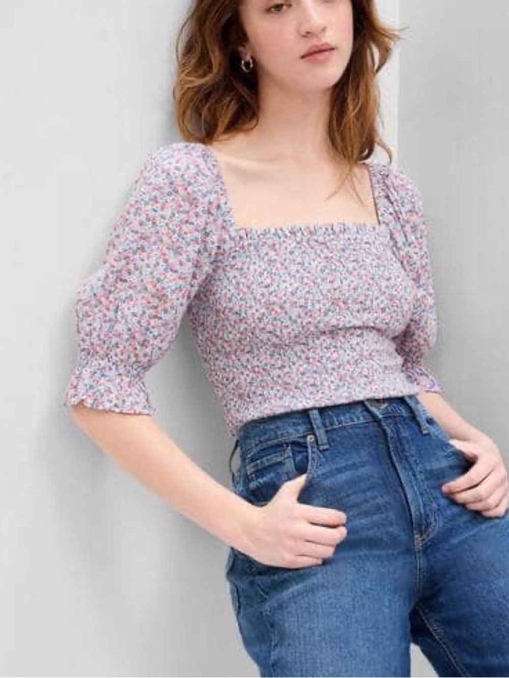 Gap Floral Smocked Peplum Blouse, size XL NWT , square neckline